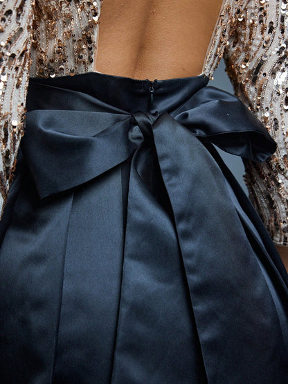 New Arrival High Neck Halter Fancy Evening Gown Dress Sequin Bow High Slit Satin A-Line Dress Party Wedding Black Spring