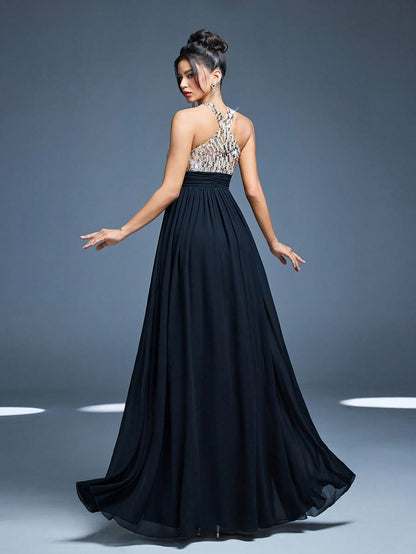 High Collar Backless Decorative Evening Dress, Embellished With Sequin Bow Decor, High Slit, Satin A-Line Skirt Spring Wedding Party Black