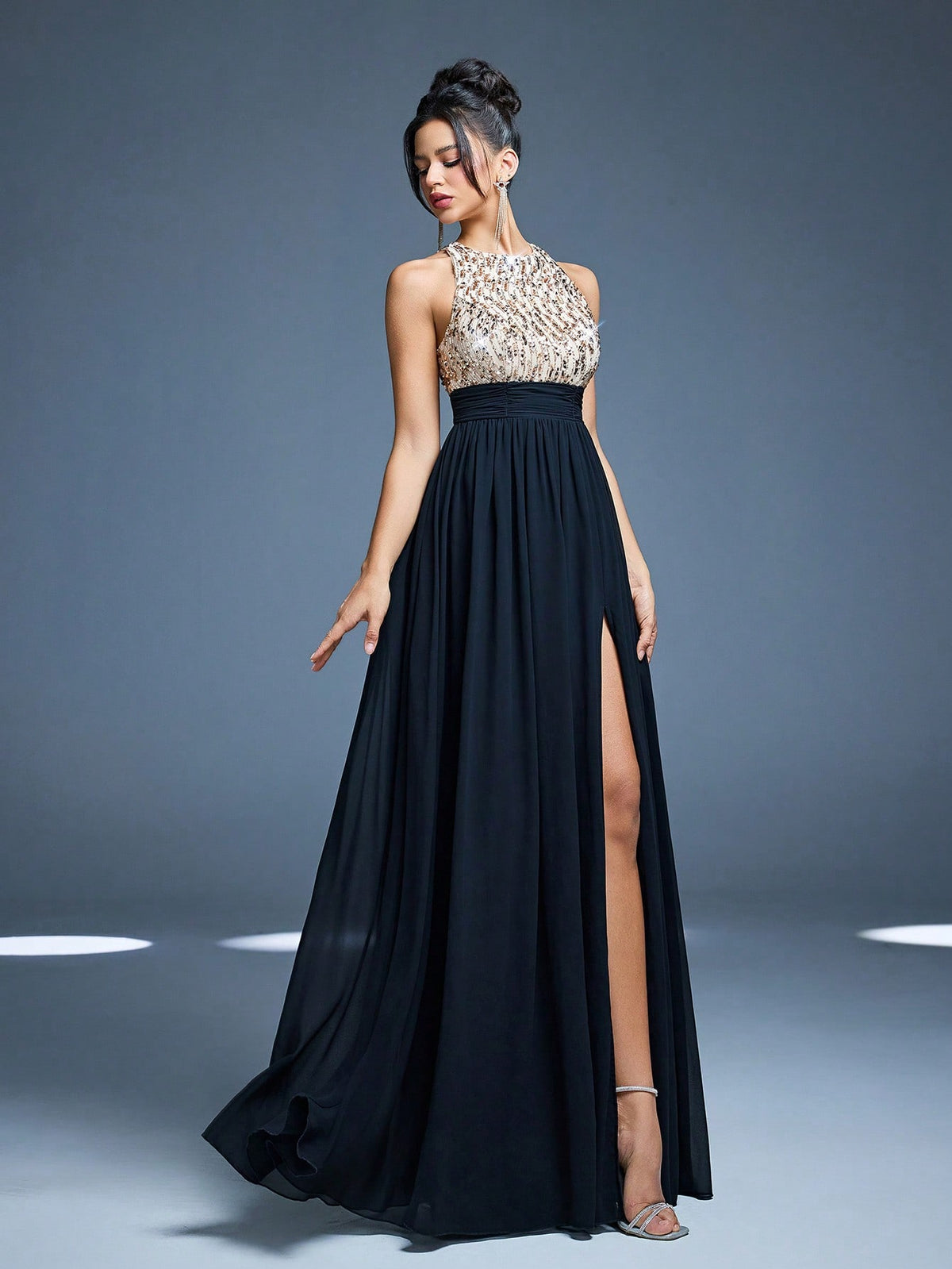 High Collar Backless Decorative Evening Dress, Embellished With Sequin Bow Decor, High Slit, Satin A-Line Skirt Spring Wedding Party Black