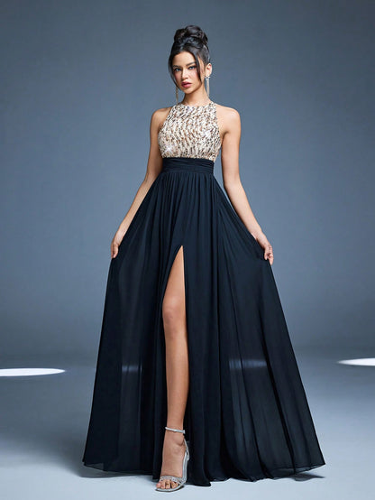 High Collar Backless Decorative Evening Dress, Embellished With Sequin Bow Decor, High Slit, Satin A-Line Skirt Spring Wedding Party Black