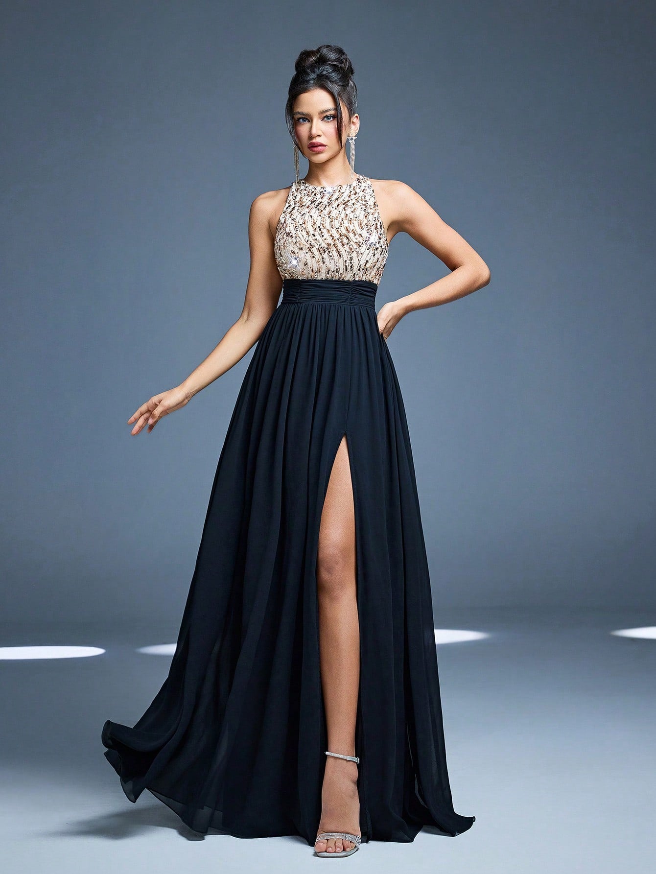 High Collar Backless Decorative Evening Dress, Embellished With Sequin Bow Decor, High Slit, Satin A-Line Skirt Spring Wedding Party Black