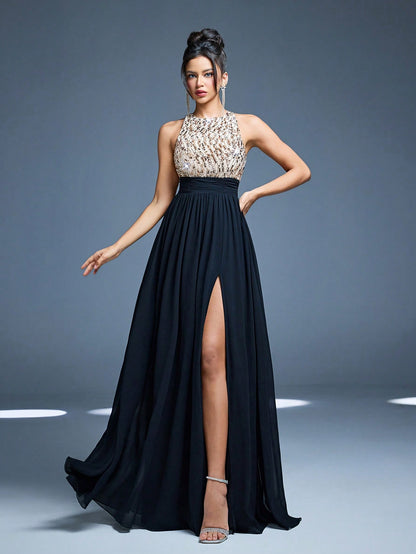 High Collar Backless Decorative Evening Dress, Embellished With Sequin Bow Decor, High Slit, Satin A-Line Skirt Spring Wedding Party Black