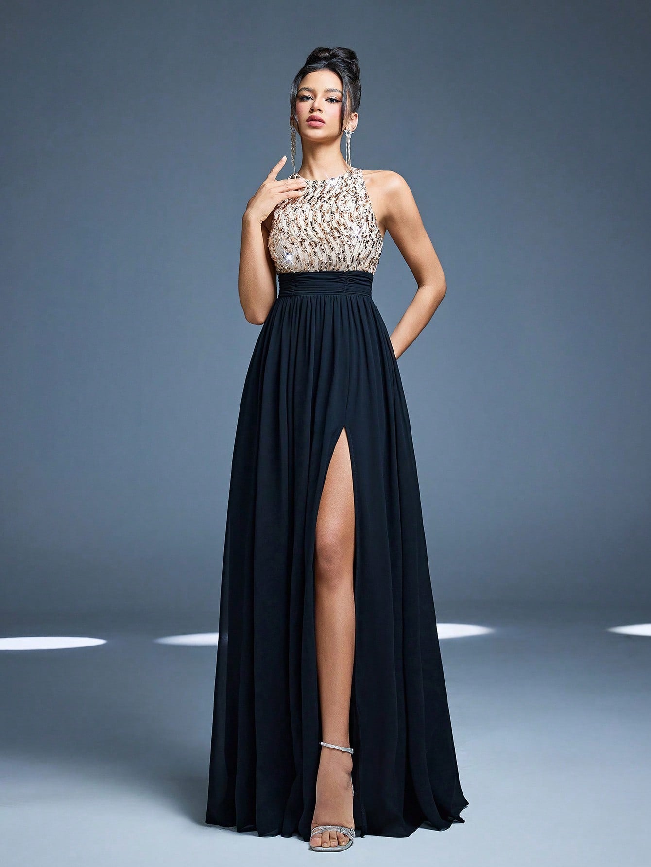 High Collar Backless Decorative Evening Dress, Embellished With Sequin Bow Decor, High Slit, Satin A-Line Skirt Spring Wedding Party Black