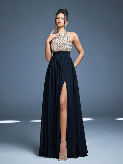 High Collar Backless Decorative Evening Dress, Embellished With Sequin Bow Decor, High Slit, Satin A-Line Skirt Spring Wedding Party Black