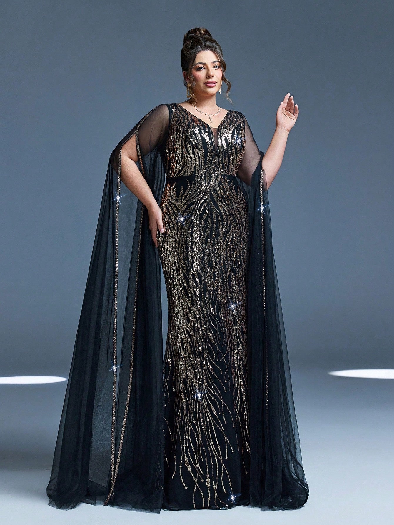 Plus Size V-Neck Net Yarn Shoulder Exposing Double Layer Extra Long Sleeve Sequin Decor Fitted Mermaid Dress Party Dress Wedding Guest Dress Formal Dress Evening Dress,Gown Spring Vacation