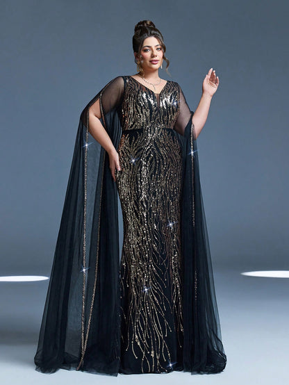 Plus Size V-Neck Net Yarn Shoulder Exposing Double Layer Extra Long Sleeve Sequin Decor Fitted Mermaid Dress Party Dress Wedding Guest Dress Formal Dress Evening Dress,Gown Spring Vacation