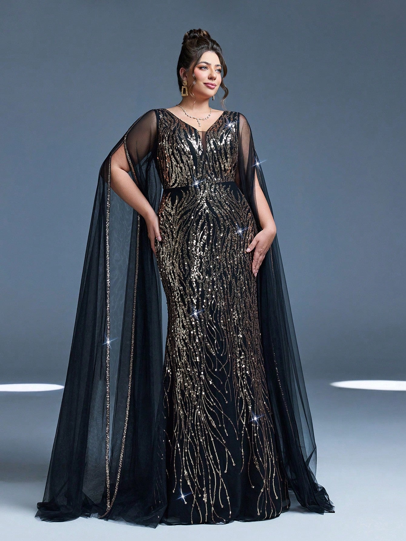 Plus Size V-Neck Net Yarn Shoulder Exposing Double Layer Extra Long Sleeve Sequin Decor Fitted Mermaid Dress Party Dress Wedding Guest Dress Formal Dress Evening Dress,Gown Spring Vacation