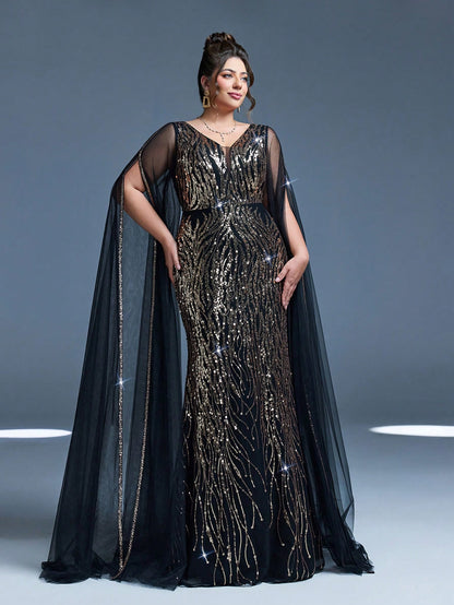 Plus Size V-Neck Net Yarn Shoulder Exposing Double Layer Extra Long Sleeve Sequin Decor Fitted Mermaid Dress Party Dress Wedding Guest Dress Formal Dress Evening Dress,Gown Spring Vacation