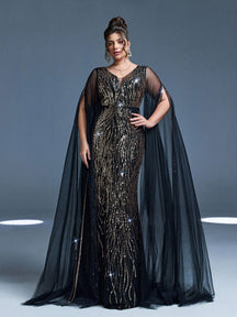 Plus Size V-Neck Net Yarn Shoulder Exposing Double Layer Extra Long Sleeve Sequin Decor Fitted Mermaid Dress Party Dress Wedding Guest Dress Formal Dress Evening Dress,Gown Spring Vacation