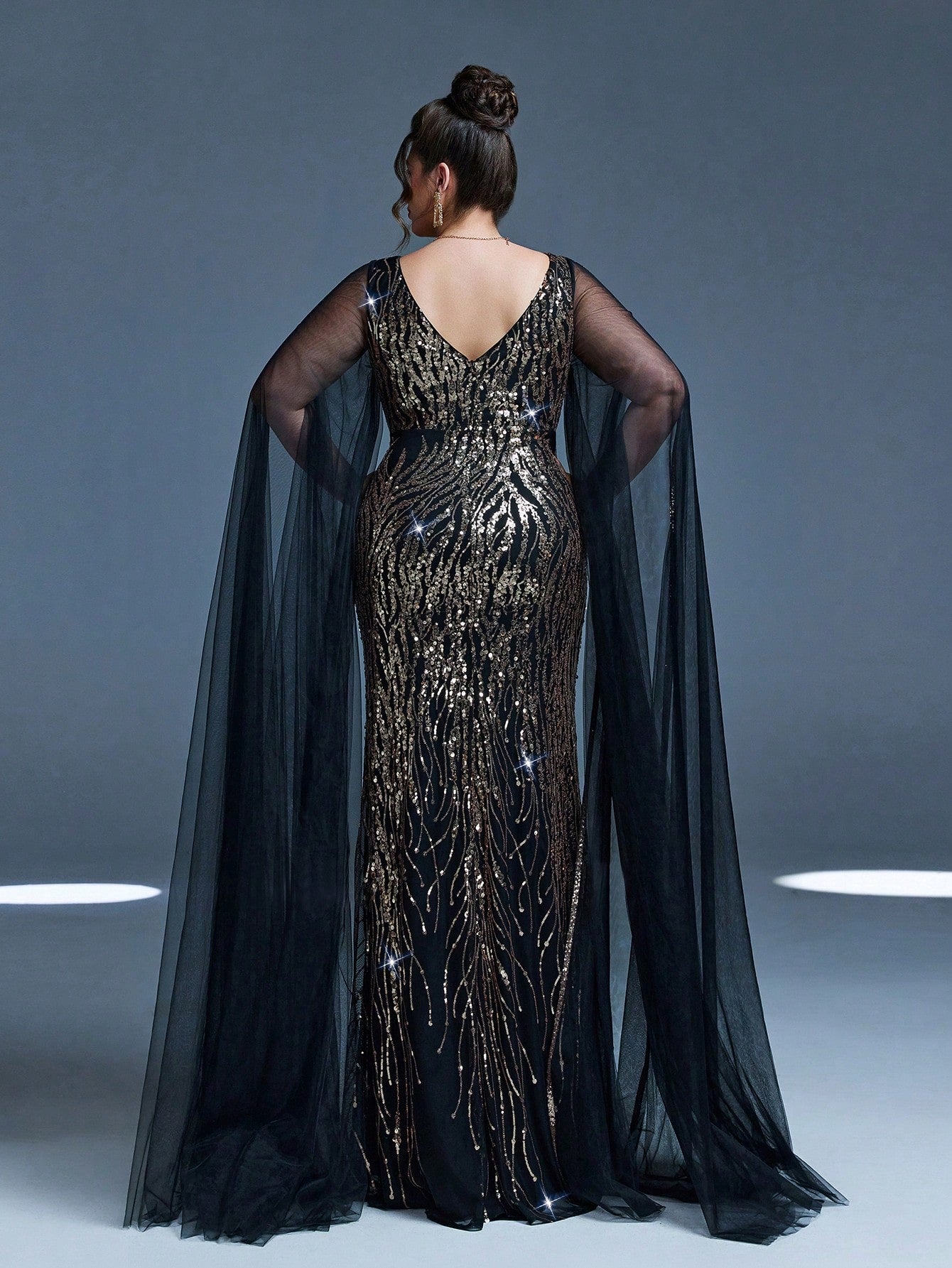 Plus Size V-Neck Net Yarn Shoulder Exposing Double Layer Extra Long Sleeve Sequin Decor Fitted Mermaid Dress Party Dress Wedding Guest Dress Formal Dress Evening Dress,Gown Spring Vacation