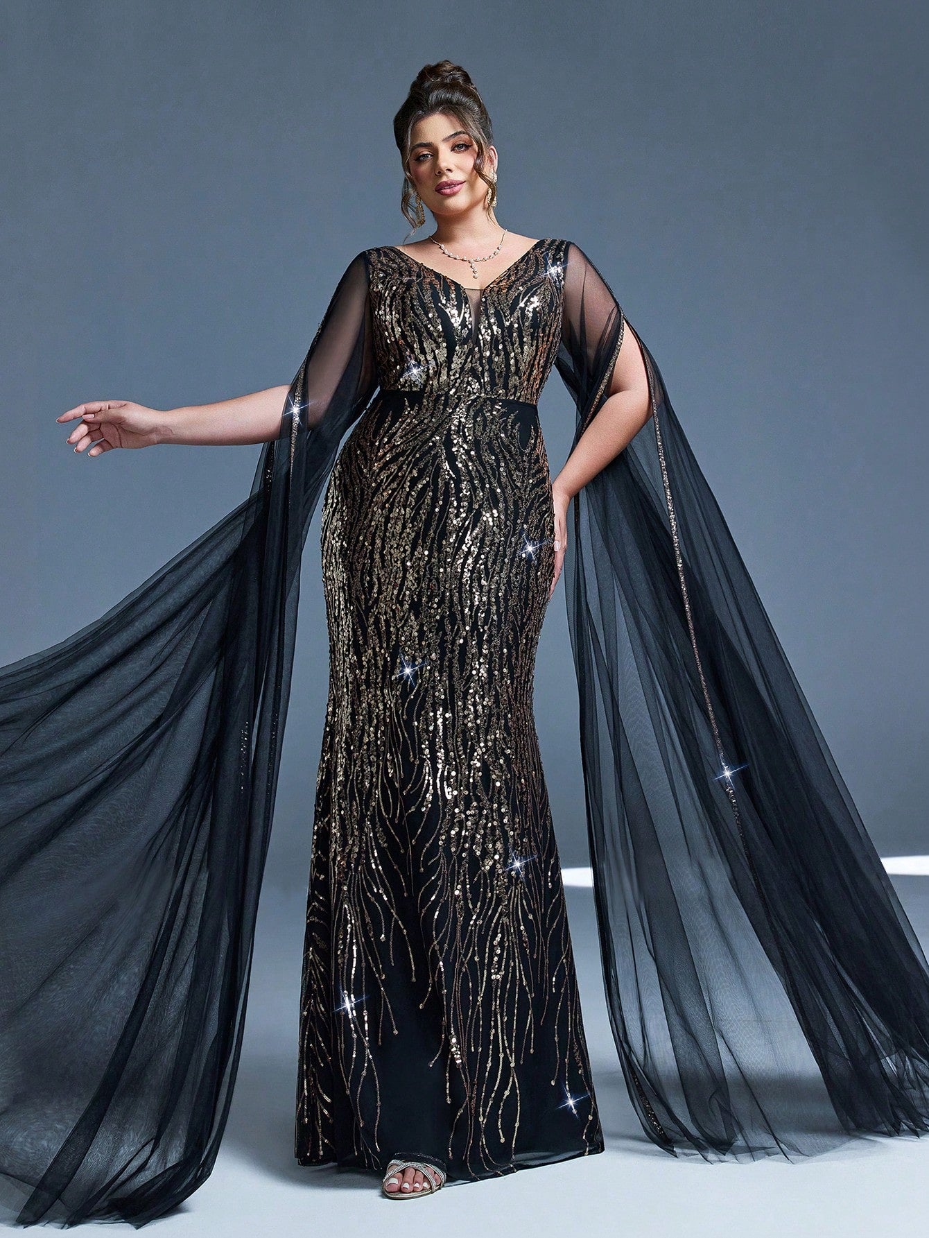 Plus Size V-Neck Net Yarn Shoulder Exposing Double Layer Extra Long Sleeve Sequin Decor Fitted Mermaid Dress Party Dress Wedding Guest Dress Formal Dress Evening Dress,Gown Spring Vacation