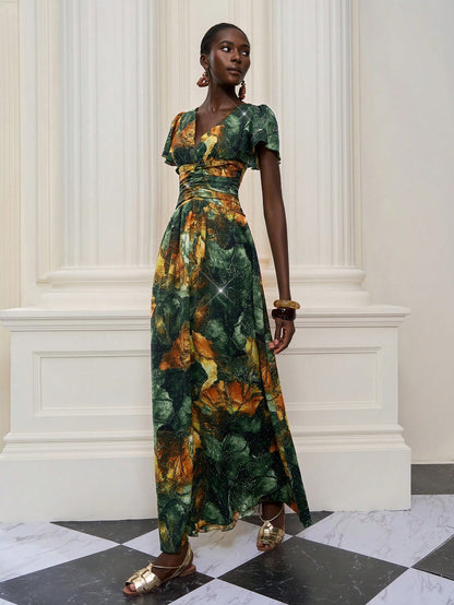 New Arrival,V Neck,Halter Neck,Feminine,African Dress,Flounce Sleeve,Heavy Hot Drilling,Long Dress