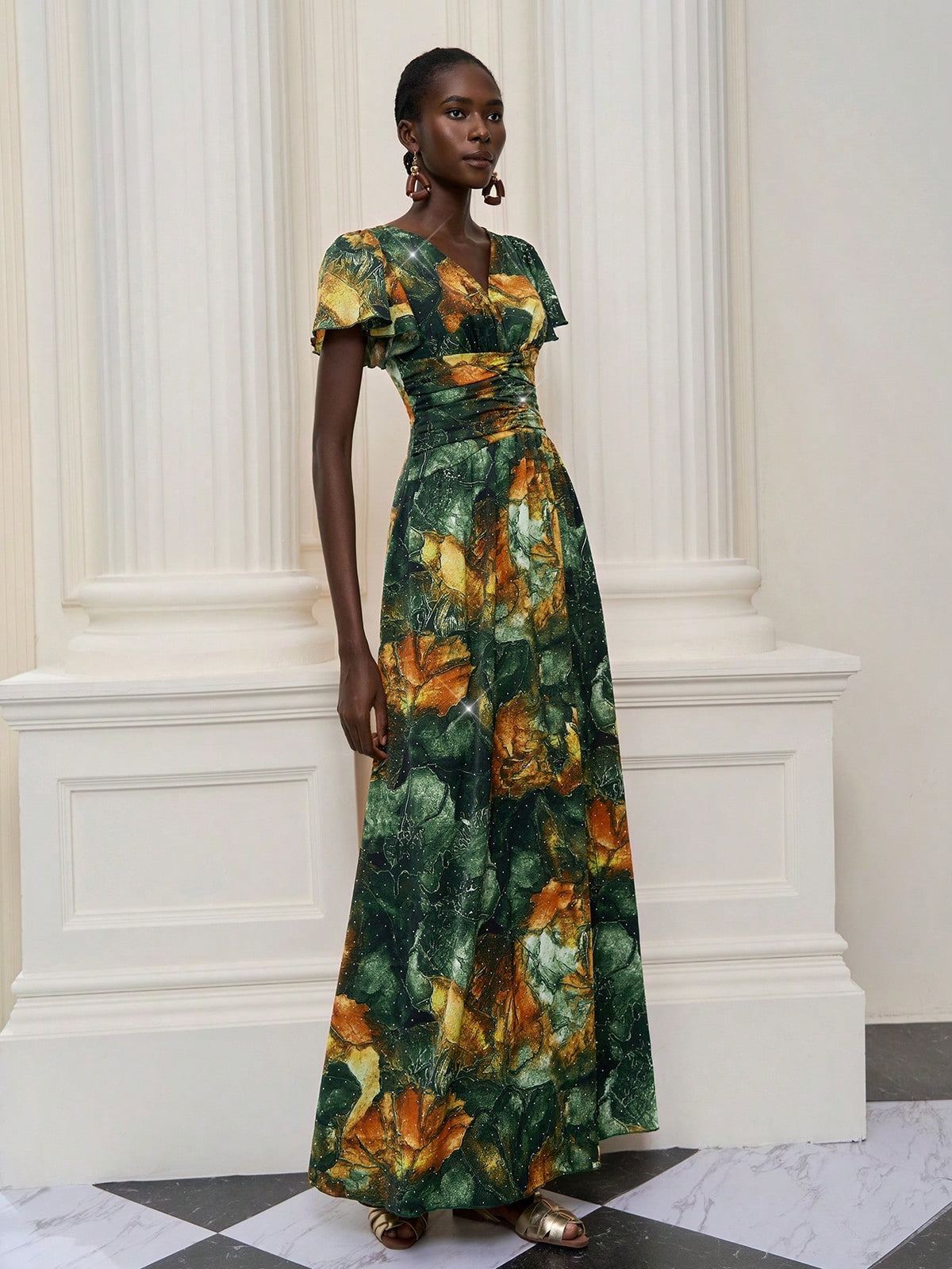 New Arrival,V Neck,Halter Neck,Feminine,African Dress,Flounce Sleeve,Heavy Hot Drilling,Long Dress