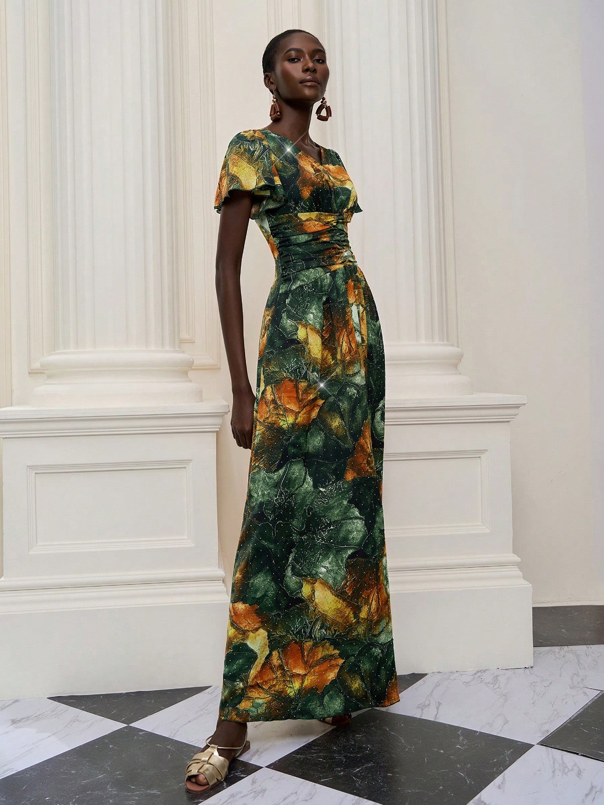 New Arrival,V Neck,Halter Neck,Feminine,African Dress,Flounce Sleeve,Heavy Hot Drilling,Long Dress