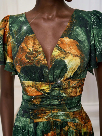 New Arrival,V Neck,Halter Neck,Feminine,African Dress,Flounce Sleeve,Heavy Hot Drilling,Long Dress