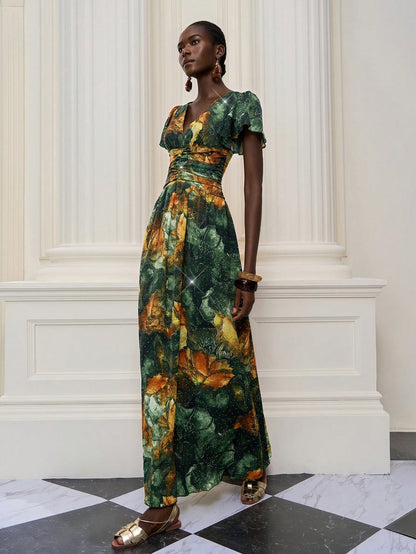New Arrival,V Neck,Halter Neck,Feminine,African Dress,Flounce Sleeve,Heavy Hot Drilling,Long Dress