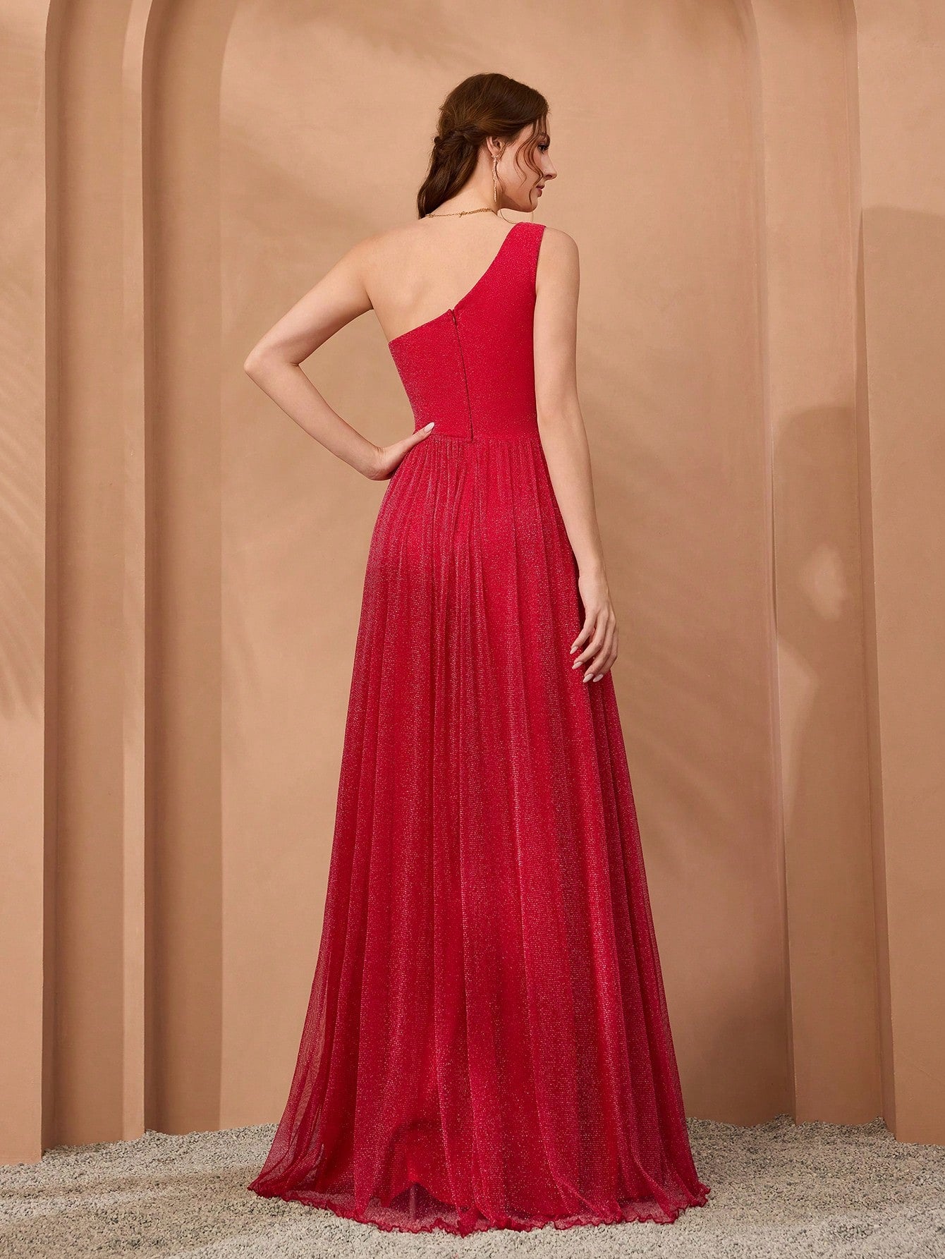 Asymmetrical One Shoulder Pleated Bust & Hollow Waist High Split A-Line Mesh Dress, Bridesmaid Dress Wedding Spring