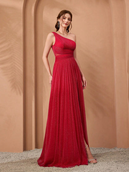 Asymmetrical Neck Draped Bust, Hollow Waist, High Slit A-Line Long Chiffon Dress, Bridesmaid Dress Wedding Spring