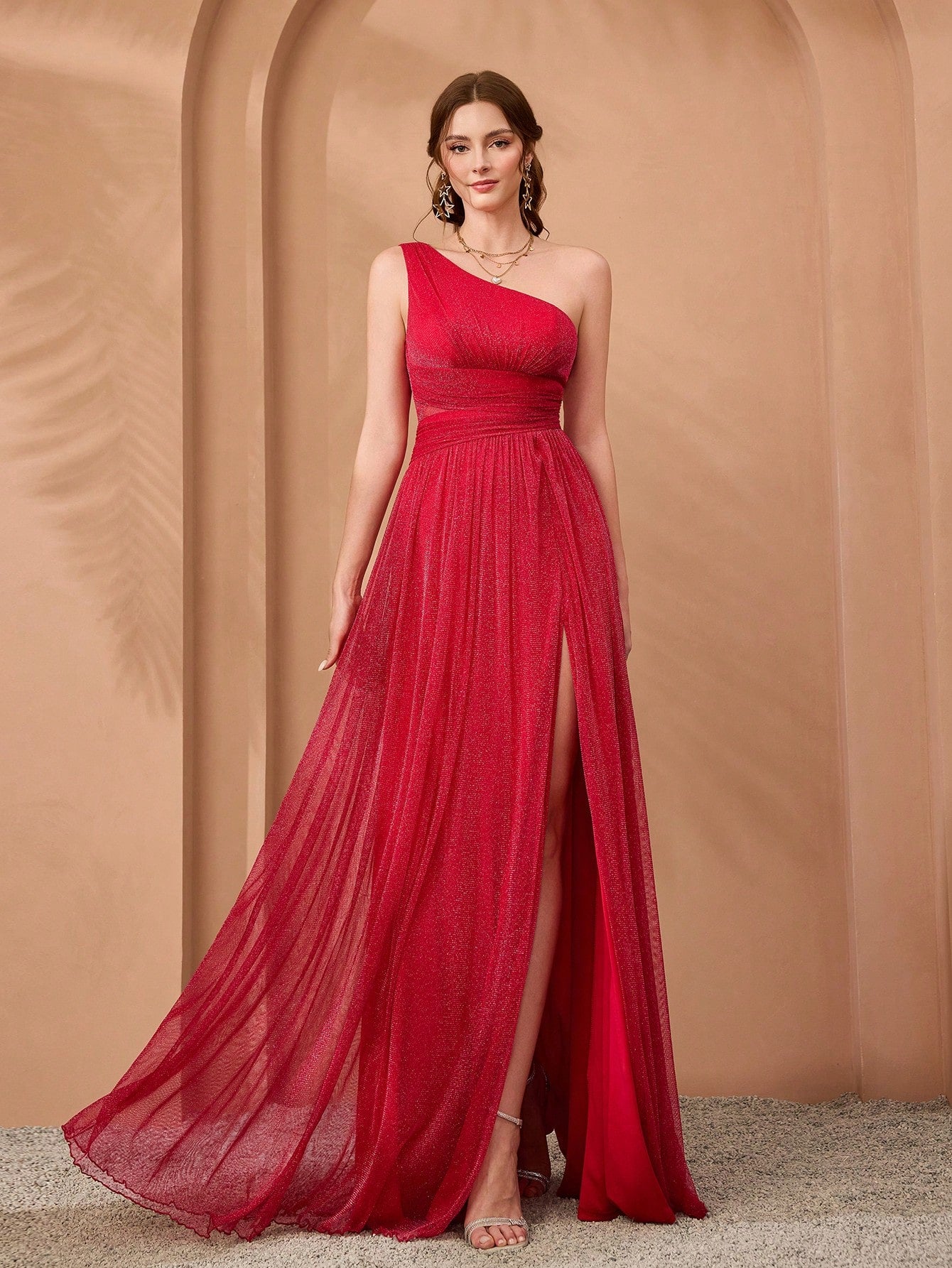 Asymmetrical Neck Draped Bust, Hollow Waist, High Slit A-Line Long Chiffon Dress, Bridesmaid Dress Wedding Spring