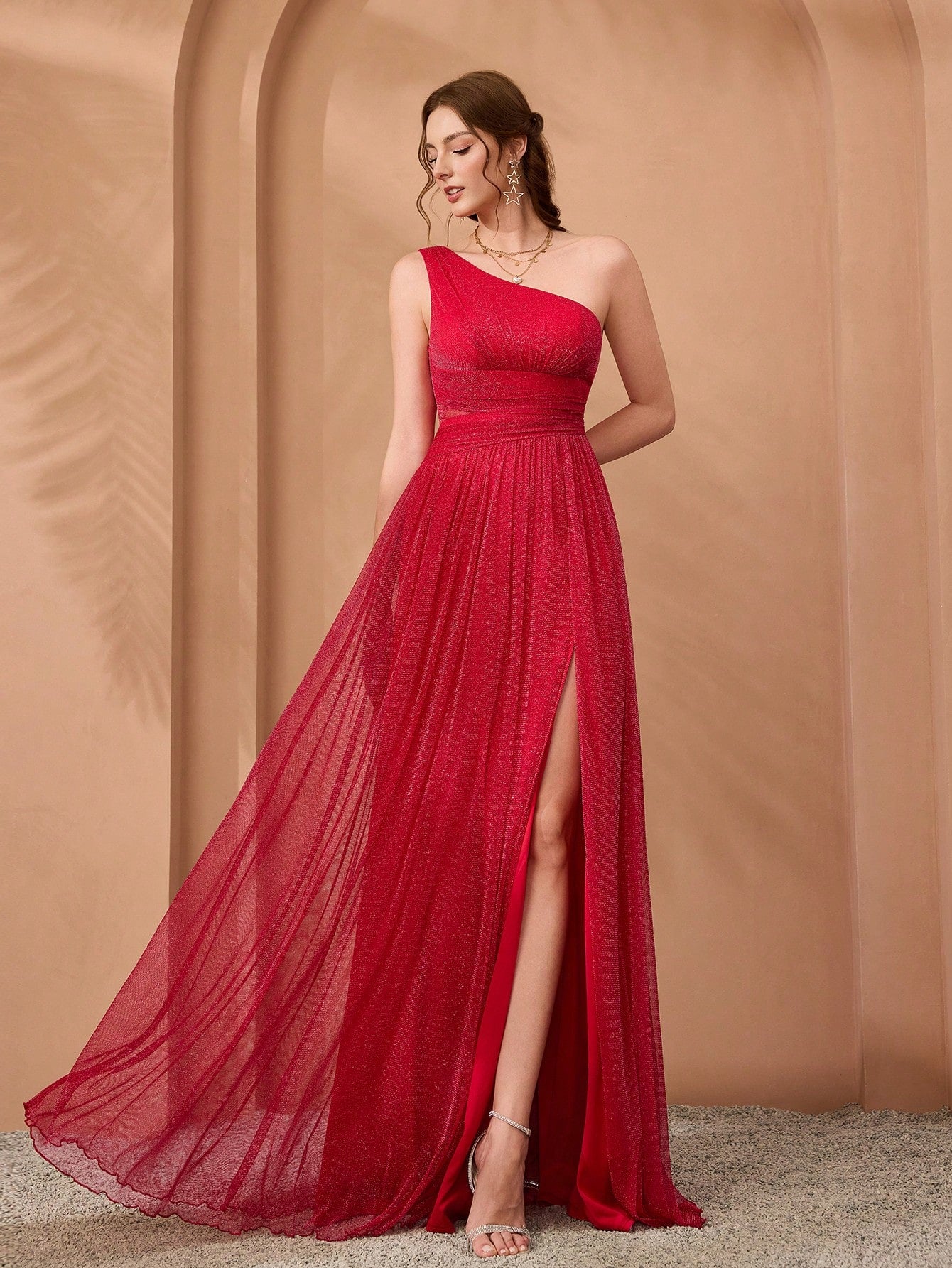 Asymmetrical One Shoulder Pleated Bust & Hollow Waist High Split A-Line Mesh Dress, Bridesmaid Dress Wedding Spring