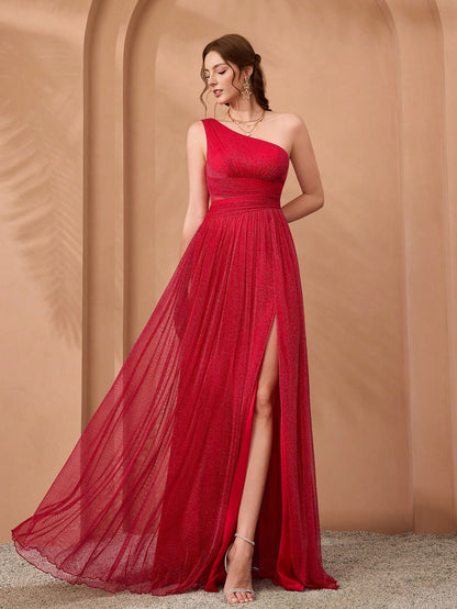 Asymmetrical Neck Draped Bust, Hollow Waist, High Slit A-Line Long Chiffon Dress, Bridesmaid Dress Wedding Spring