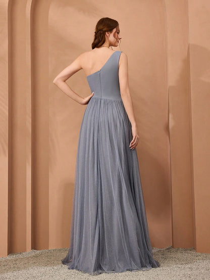 Asymmetrical One Shoulder Pleated Bust & Hollow Waist High Split A-Line Mesh Dress, Bridesmaid Dress Wedding Spring