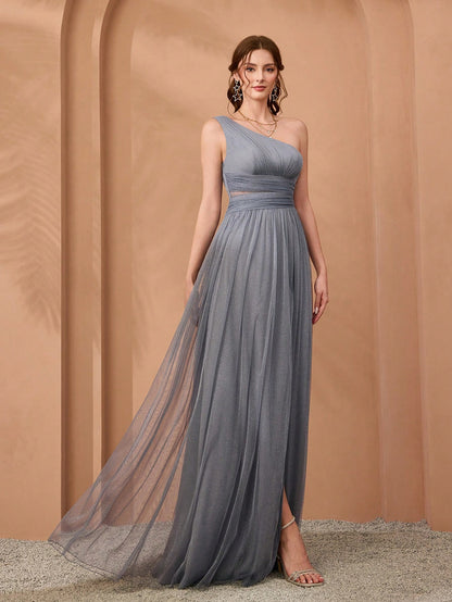 Asymmetrical One Shoulder Pleated Bust & Hollow Waist High Split A-Line Mesh Dress, Bridesmaid Dress Wedding Spring