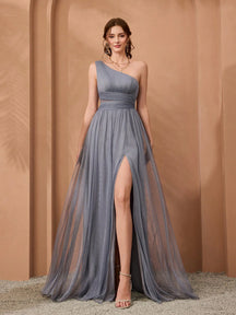 Asymmetrical Neck Draped Bust, Hollow Waist, High Slit A-Line Long Chiffon Dress, Bridesmaid Dress Wedding Spring