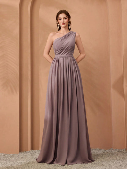 New Off-Shoulder Deep Blue Bridesmaid Dress Pleated Chiffon Maxi Dress