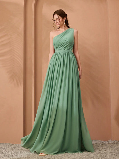 New Off-Shoulder Deep Blue Bridesmaid Dress Pleated Chiffon Maxi Dress