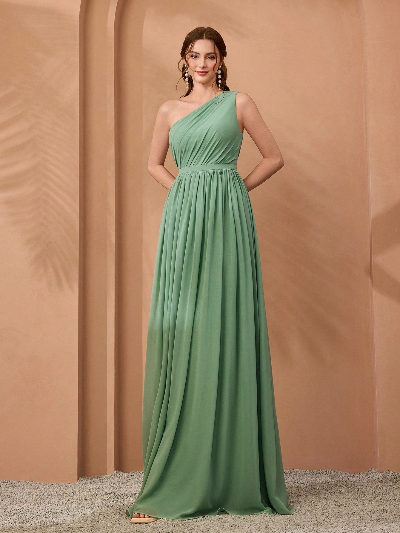 New Off-Shoulder Deep Blue Bridesmaid Dress Pleated Chiffon Maxi Dress