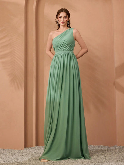 New Off-Shoulder Deep Blue Bridesmaid Dress Pleated Chiffon Maxi Dress