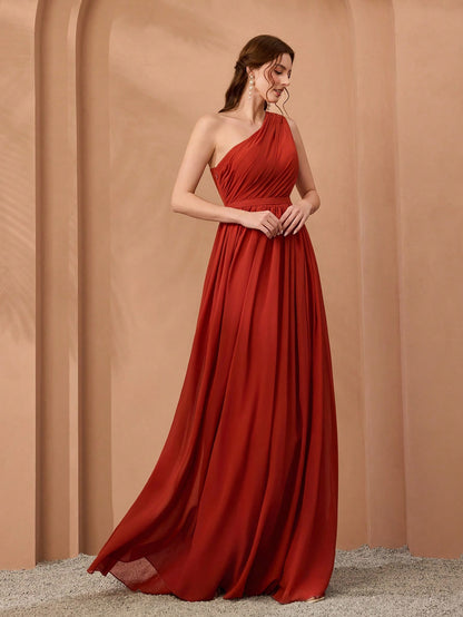 New Off-Shoulder Deep Blue Bridesmaid Dress Pleated Chiffon Maxi Dress