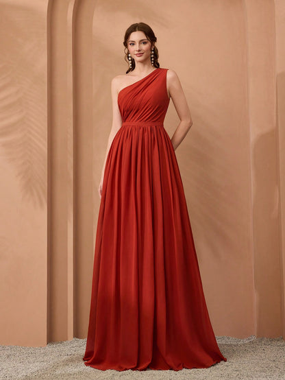 New Off-Shoulder Deep Blue Bridesmaid Dress Pleated Chiffon Maxi Dress