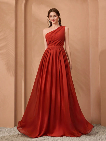 New Off-Shoulder Deep Blue Bridesmaid Dress Pleated Chiffon Maxi Dress