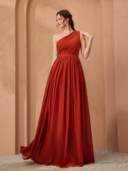 New Off-Shoulder Deep Blue Bridesmaid Dress Pleated Chiffon Maxi Dress