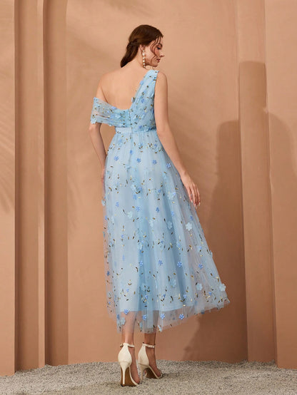 New Arrival, One-Shoulder, Romantic, 3D Floral Embroidery, Asymmetric, Elegant, Bridesmaid Dress, Pleated, Lavender, Dress Wedding