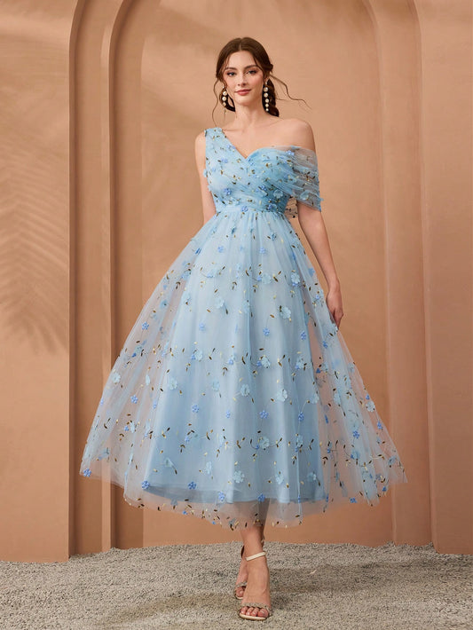 New Arrival, One-Shoulder, Romantic, 3D Floral Embroidery, Asymmetric, Elegant, Bridesmaid Dress, Pleated, Lavender, Dress Wedding