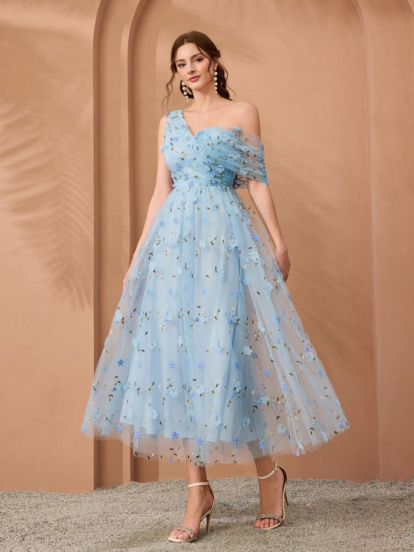 New Arrival, One-Shoulder, Romantic, 3D Floral Embroidery, Asymmetric, Elegant, Bridesmaid Dress, Pleated, Lavender, Dress Wedding