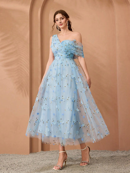 New Arrival, One-Shoulder, Romantic, 3D Floral Embroidery, Asymmetric, Elegant, Bridesmaid Dress, Pleated, Lavender, Dress Wedding
