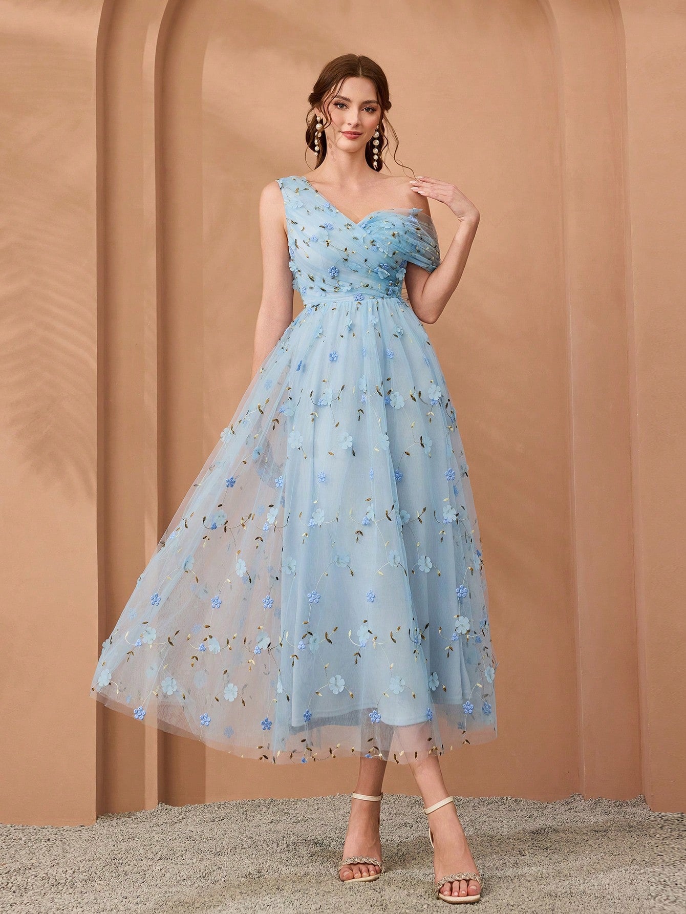 New Arrival, One-Shoulder, Romantic, 3D Floral Embroidery, Asymmetric, Elegant, Bridesmaid Dress, Pleated, Lavender, Dress Wedding