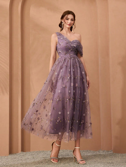 New Arrival, One-Shoulder, Romantic, 3D Floral Embroidery, Asymmetric, Elegant, Bridesmaid Dress, Pleated, Lavender, Dress Wedding