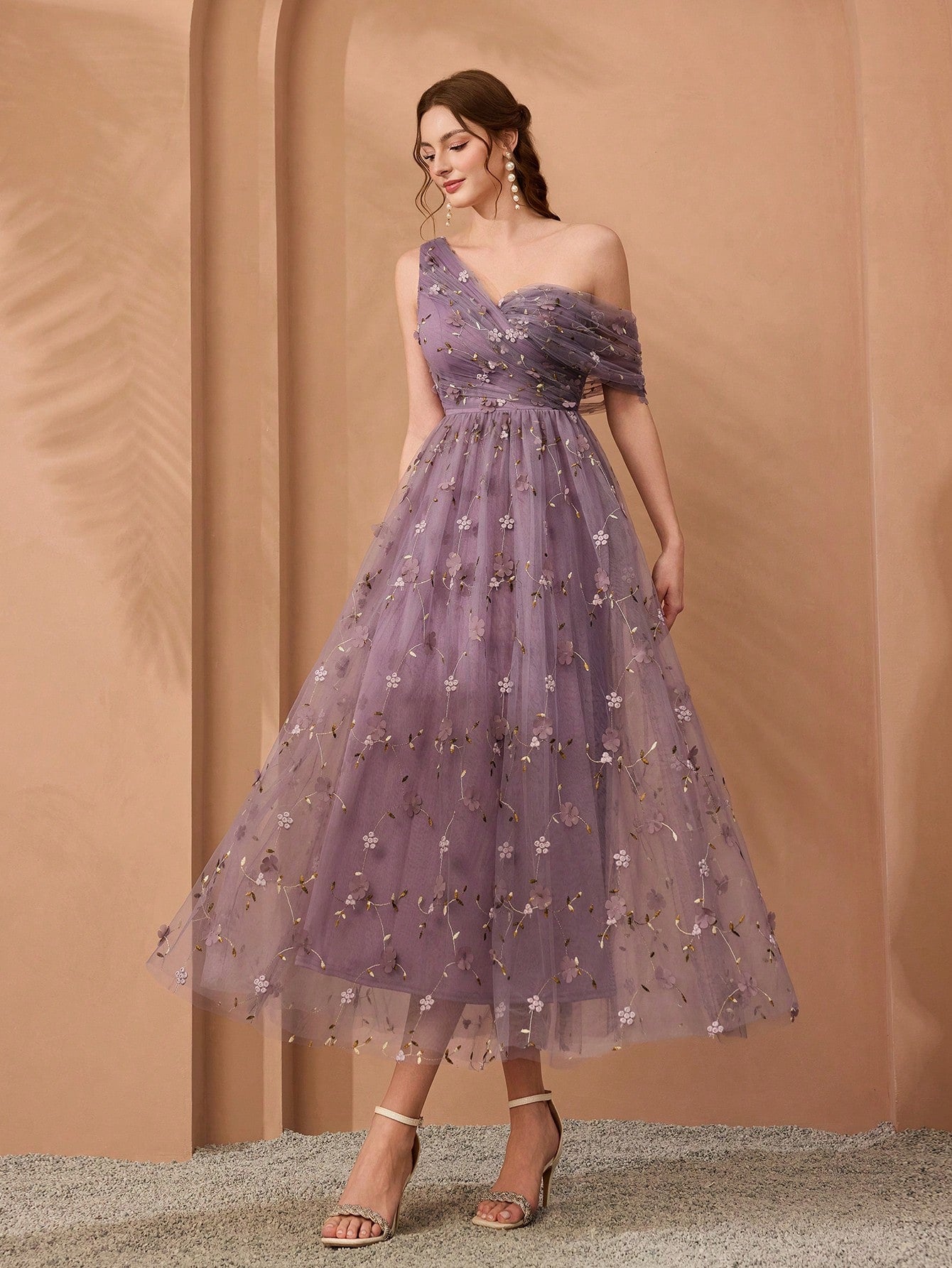 New Arrival, One-Shoulder, Romantic, 3D Floral Embroidery, Asymmetric, Elegant, Bridesmaid Dress, Pleated, Lavender, Dress Wedding