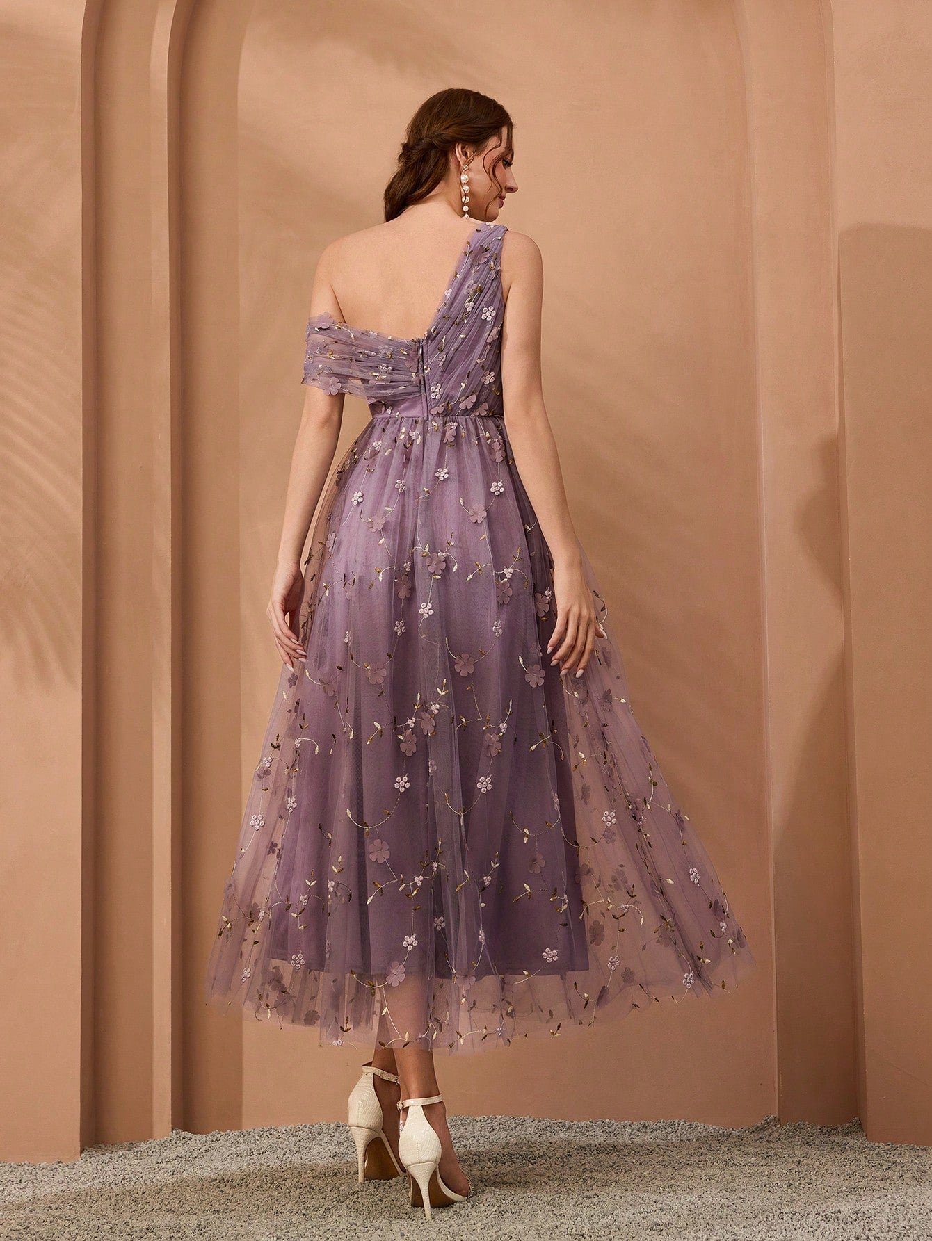 New Arrival, One-Shoulder, Romantic, 3D Floral Embroidery, Asymmetric, Elegant, Bridesmaid Dress, Pleated, Lavender, Dress Wedding