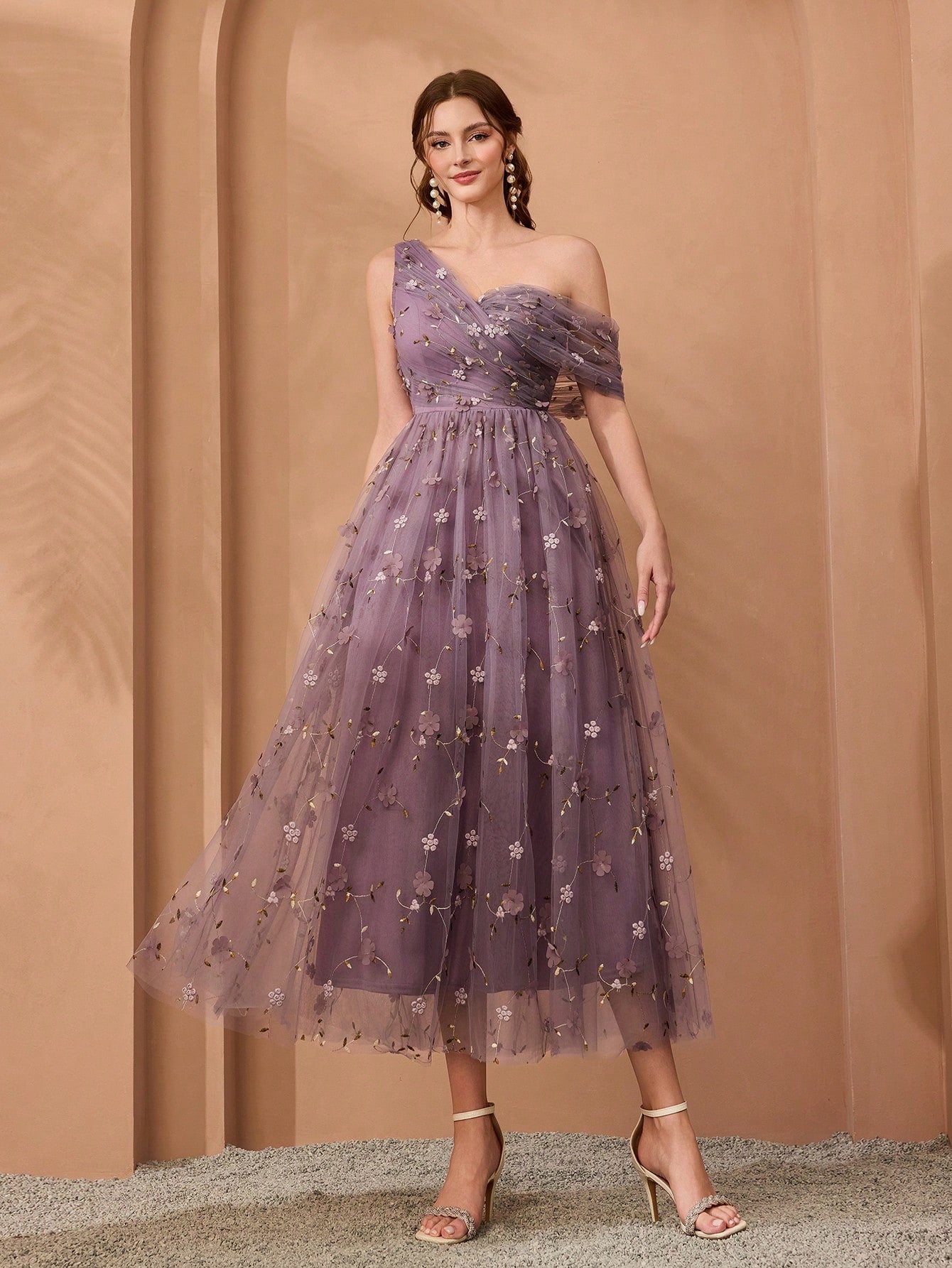 New Arrival, One-Shoulder, Romantic, 3D Floral Embroidery, Asymmetric, Elegant, Bridesmaid Dress, Pleated, Lavender, Dress Wedding