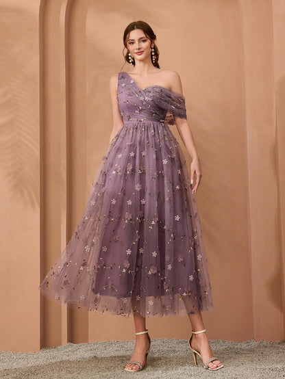 New Arrival, One-Shoulder, Romantic, 3D Floral Embroidery, Asymmetric, Elegant, Bridesmaid Dress, Pleated, Lavender, Dress Wedding