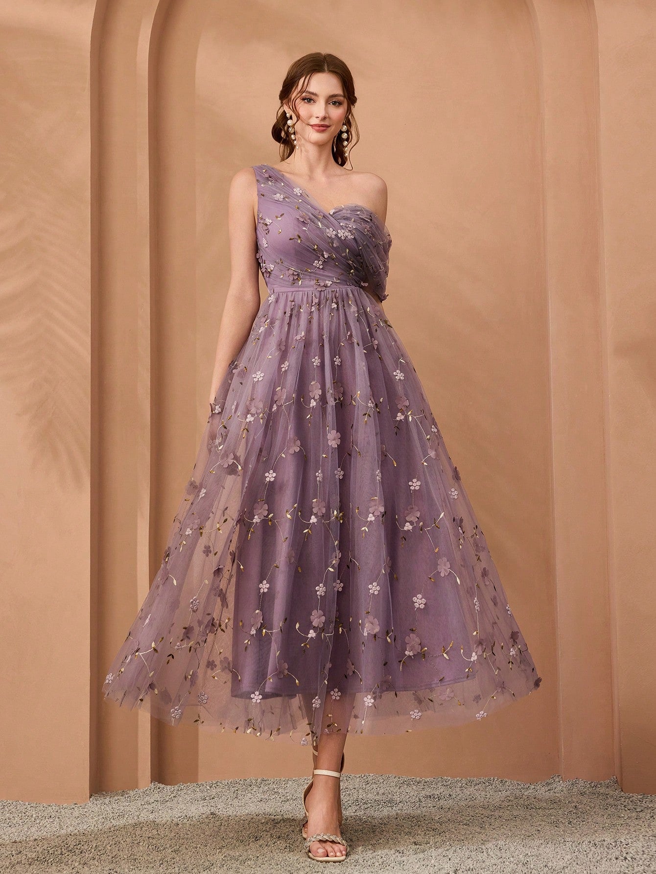 New Arrival, One-Shoulder, Romantic, 3D Floral Embroidery, Asymmetric, Elegant, Bridesmaid Dress, Pleated, Lavender, Dress Wedding