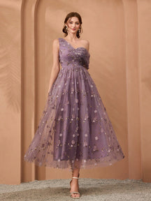 New Arrival, One-Shoulder, Romantic, 3D Floral Embroidery, Asymmetric, Elegant, Bridesmaid Dress, Pleated, Lavender, Dress Wedding