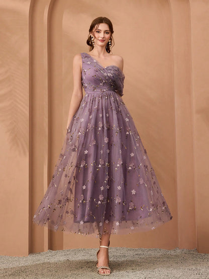 New Arrival, One-Shoulder, Romantic, 3D Floral Embroidery, Asymmetric, Elegant, Bridesmaid Dress, Pleated, Lavender, Dress Wedding