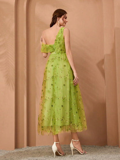 New Arrival, One-Shoulder, Romantic, 3D Floral Embroidery, Asymmetric, Elegant, Bridesmaid Dress, Pleated, Lavender, Dress Wedding